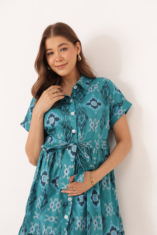 Cotton Tiered Printed Zipless Feeding Shirt Dress - Teal