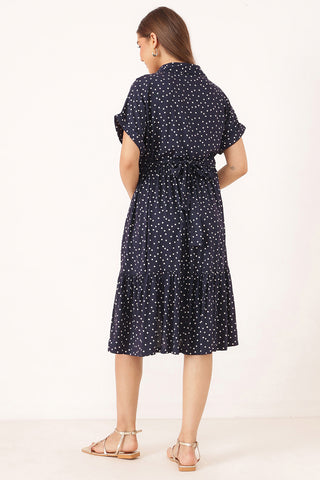 Tiered Polka Doint Printed Zipless Feeding Shirt Dress - Black