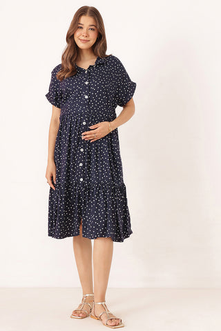 Tiered Polka Doint Printed Zipless Feeding Shirt Dress - Black