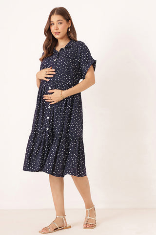 Tiered Polka Doint Printed Zipless Feeding Shirt Dress - Black