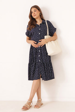 Tiered Polka Doint Printed Zipless Feeding Shirt Dress - Black