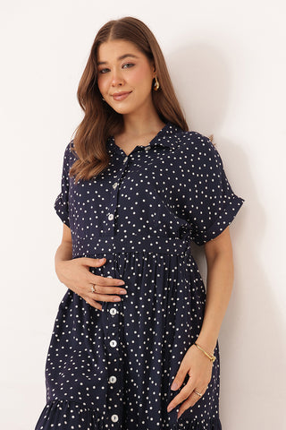 Tiered Polka Doint Printed Zipless Feeding Shirt Dress - Black