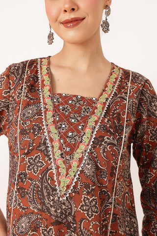 Rust Orange 100% Cotton Concealed Zip Feeding Maternity Kurta Set with Dupatta