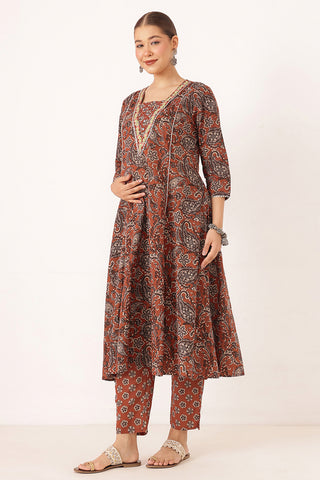 Rust Orange 100% Cotton Concealed Zip Feeding Maternity Kurta Set with Dupatta
