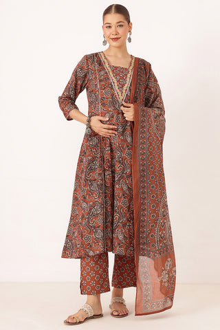 Rust Orange 100% Cotton Concealed Zip Feeding Maternity Kurta Set with Dupatta
