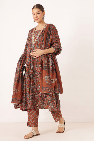 Rust Orange 100% Cotton Concealed Zip Feeding Maternity Kurta Set with Dupatta