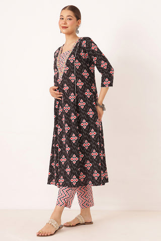 Navy 100% Cotton Concealed Zip Feeding Maternity Kurta Set with Dupatta