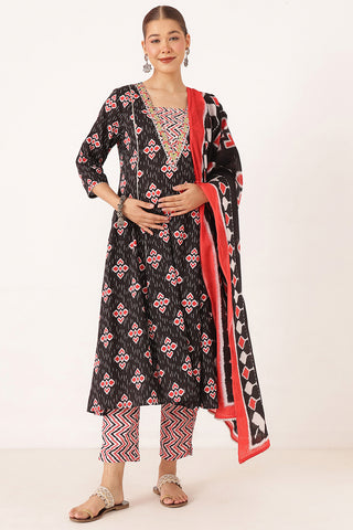 Navy 100% Cotton Concealed Zip Feeding Maternity Kurta Set with Dupatta