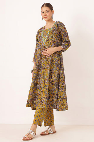 Mustard 100% Cotton Concealed Zip Feeding Maternity Kurta Set with Dupatta