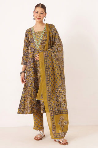 Mustard 100% Cotton Concealed Zip Feeding Maternity Kurta Set with Dupatta