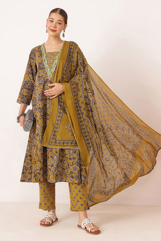 Mustard 100% Cotton Concealed Zip Feeding Maternity Kurta Set with Dupatta