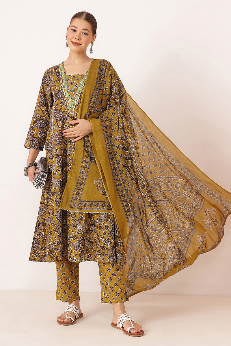 Mustard 100% Cotton Concealed Zip Feeding Maternity Kurta Set with Dupatta