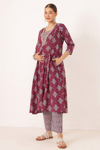 Wine 100% Cotton Concealed Zip Feeding Maternity Kurta Set with Dupatta