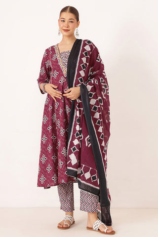 Wine 100% Cotton Concealed Zip Feeding Maternity Kurta Set with Dupatta