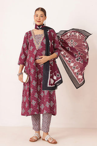 Wine 100% Cotton Concealed Zip Feeding Maternity Kurta Set with Dupatta
