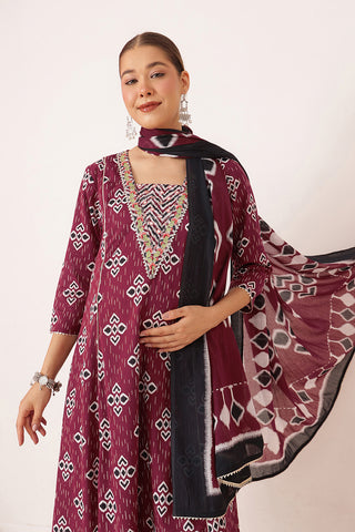Wine 100% Cotton Concealed Zip Feeding Maternity Kurta Set with Dupatta