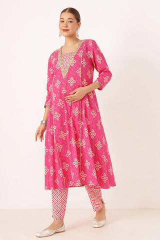 Rani Pink 100% Cotton Concealed Zip Feeding Maternity Kurta Set with Dupatta