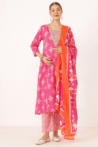 Rani Pink 100% Cotton Concealed Zip Feeding Maternity Kurta Set with Dupatta