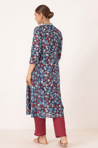 Embroidered Floral Print Cotton Maternity & Nursing Kurta Set - Royal Blue