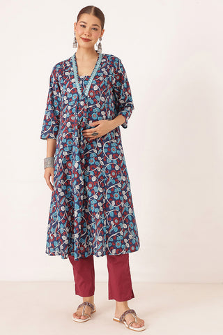 Embroidered Floral Print Cotton Maternity & Nursing Kurta Set - Royal Blue
