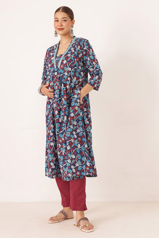Embroidered Floral Print Cotton Maternity & Nursing Kurta Set - Royal Blue