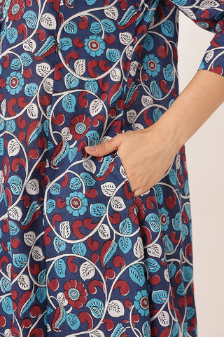 Embroidered Floral Print Cotton Maternity & Nursing Kurta Set - Royal Blue
