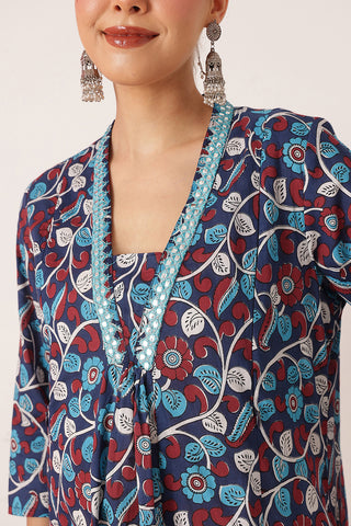 Embroidered Floral Print Cotton Maternity & Nursing Kurta Set - Royal Blue