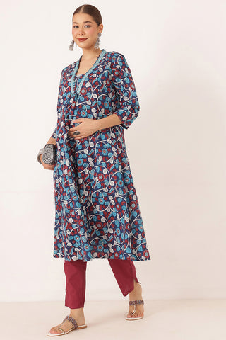 Embroidered Floral Print Cotton Maternity & Nursing Kurta Set - Royal Blue