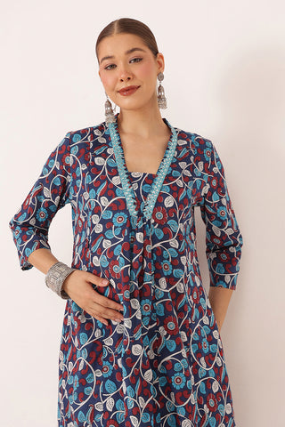 Embroidered Floral Print Cotton Maternity & Nursing Kurta Set - Royal Blue