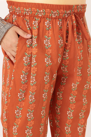 Embroidered Floral Print Cotton Maternity & Nursing Kurta Set - Rust Orange