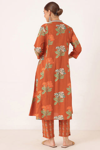 Embroidered Floral Print Cotton Maternity & Nursing Kurta Set - Rust Orange