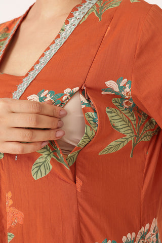 Embroidered Floral Print Cotton Maternity & Nursing Kurta Set - Rust Orange