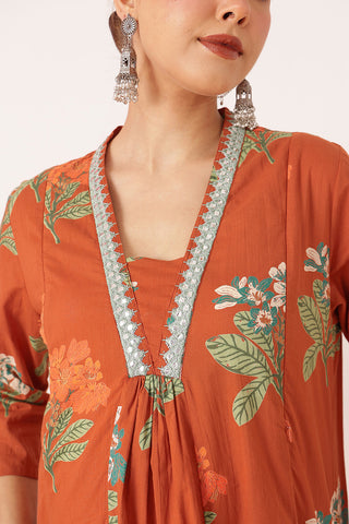 Embroidered Floral Print Cotton Maternity & Nursing Kurta Set - Rust Orange