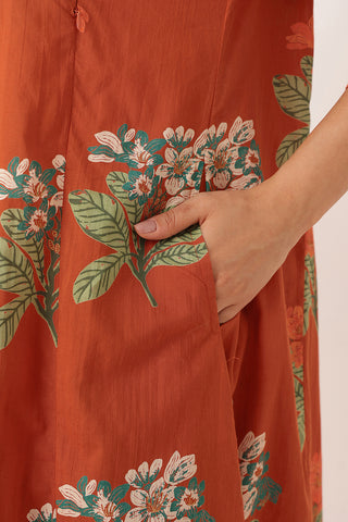 Embroidered Floral Print Cotton Maternity & Nursing Kurta Set - Rust Orange