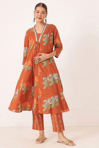 Embroidered Floral Print Cotton Maternity & Nursing Kurta Set - Rust Orange