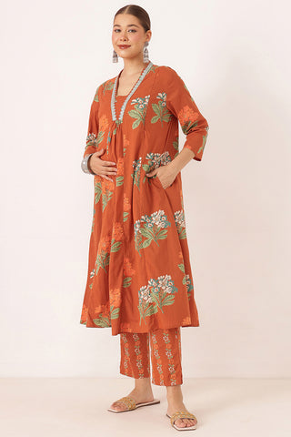 Embroidered Floral Print Cotton Maternity & Nursing Kurta Set - Rust Orange