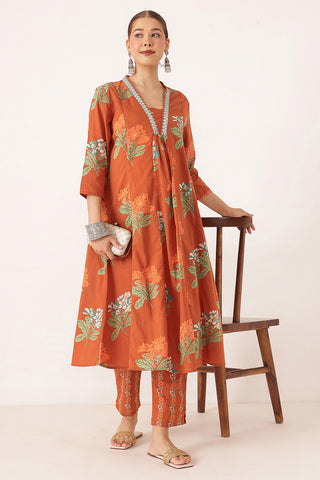 Embroidered Floral Print Cotton Maternity & Nursing Kurta Set - Rust Orange