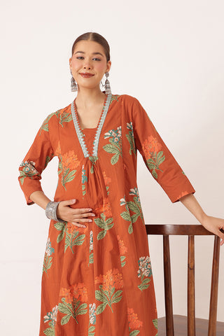 Embroidered Floral Print Cotton Maternity & Nursing Kurta Set - Rust Orange