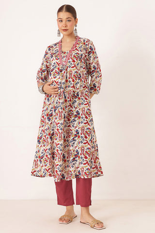 Embroidered Floral Print Cotton Maternity & Nursing Kurta Set - Multi Color