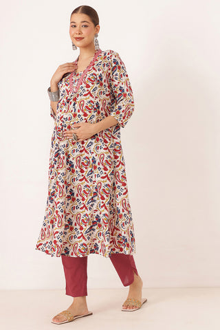 Embroidered Floral Print Cotton Maternity & Nursing Kurta Set - Multi Color