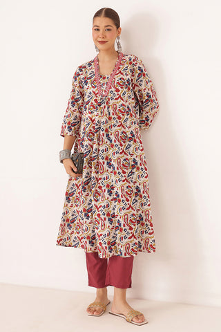 Embroidered Floral Print Cotton Maternity & Nursing Kurta Set - Multi Color