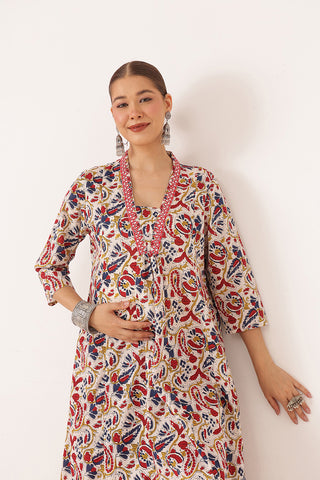 Embroidered Floral Print Cotton Maternity & Nursing Kurta Set - Multi Color