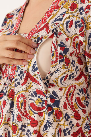 Embroidered Floral Print Cotton Maternity & Nursing Kurta Set - Multi Color