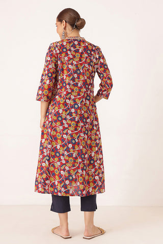 Embroidered Floral Print Cotton Maternity & Nursing Kurta Set - Crimson Red