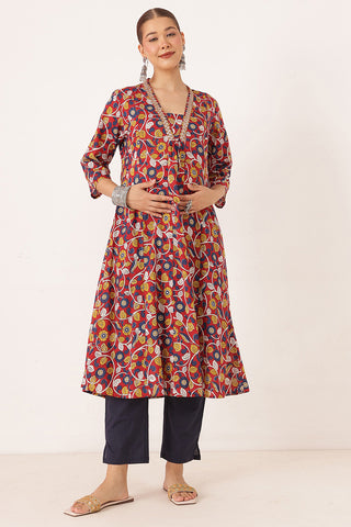 Embroidered Floral Print Cotton Maternity & Nursing Kurta Set - Crimson Red