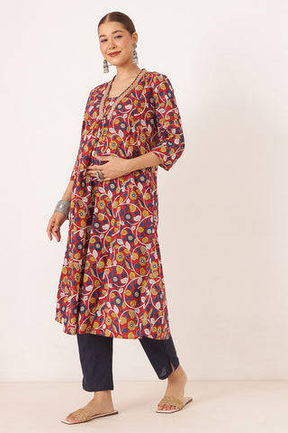 Embroidered Floral Print Cotton Maternity & Nursing Kurta Set - Crimson Red