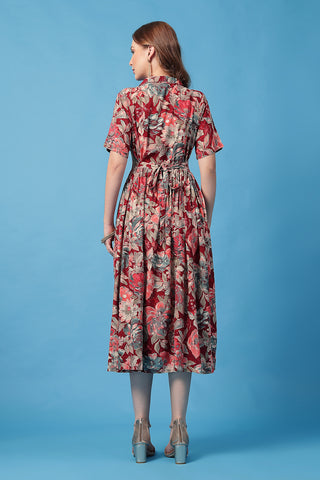 Close Up of Rayon Fabric Detail on All Over Printed Zipless Feeding Shirt Dress