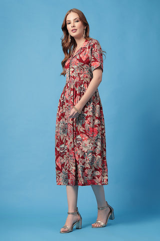 Stylish Multi Maternity Wear - All Over Printed Zipless Feeding Shirt Dress for New Moms