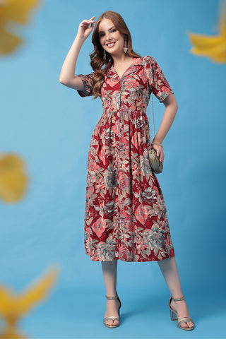 Soft Rayon Texture of All Over Printed Zipless Feeding Shirt Dress - Breathable & Comfy
