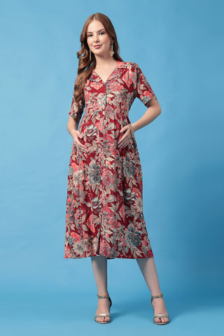 Back View of All Over Printed Zipless Feeding Shirt Dress - Flattering Silhouette for Pregnancy